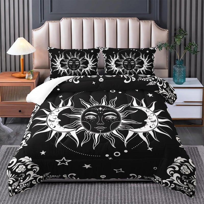 Tuzaovy Boho Queen Comforter Set for Girls - Bohemian Gothic Western Hippie Bedding Decor - Black and White Sun and Moon Design - Image 1