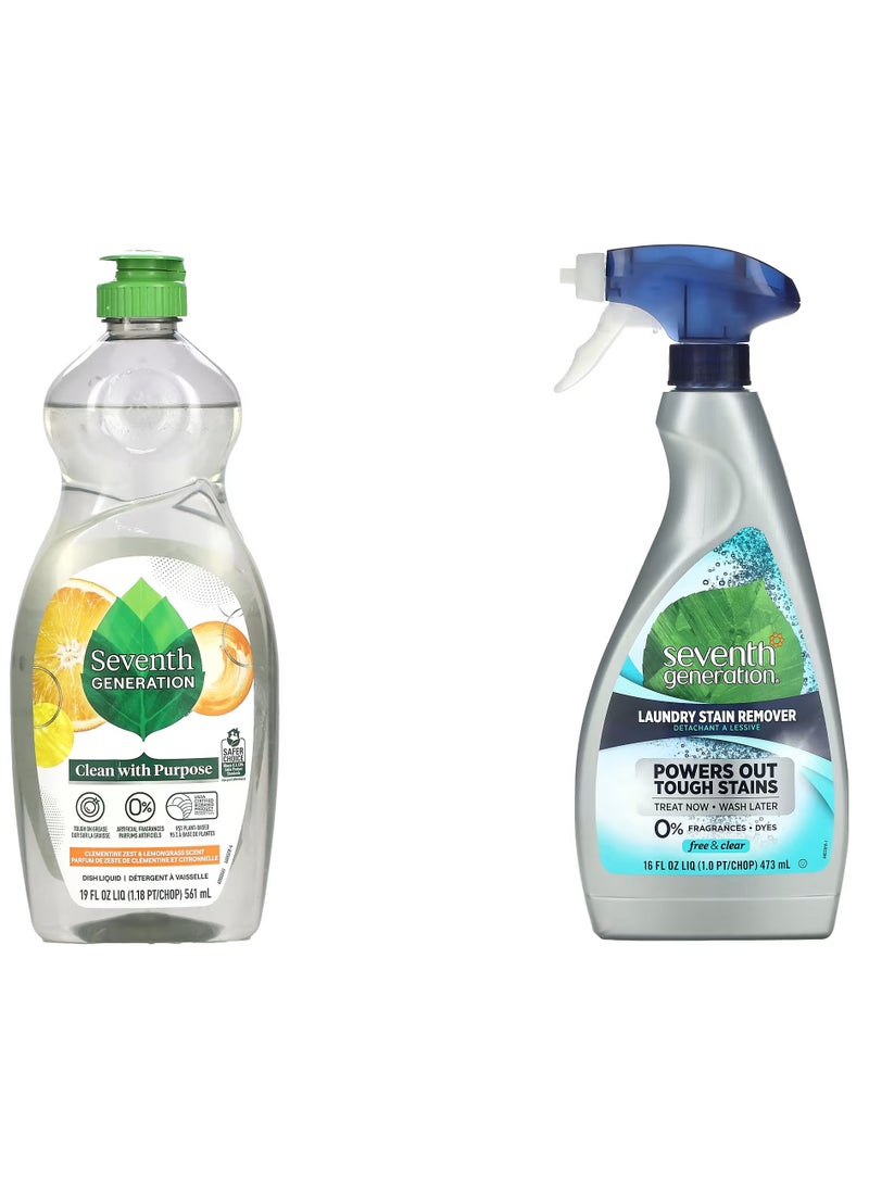 سيفنس جينيريشن سائل غسيل الأطباق بنكهة كليمنتين زيست وعشبة الليمون 19 أونصة سائلة 561 مل + مزيل البقع من الغسيل خالٍ من الشفاف 16 أونصة سائلة 473 مل