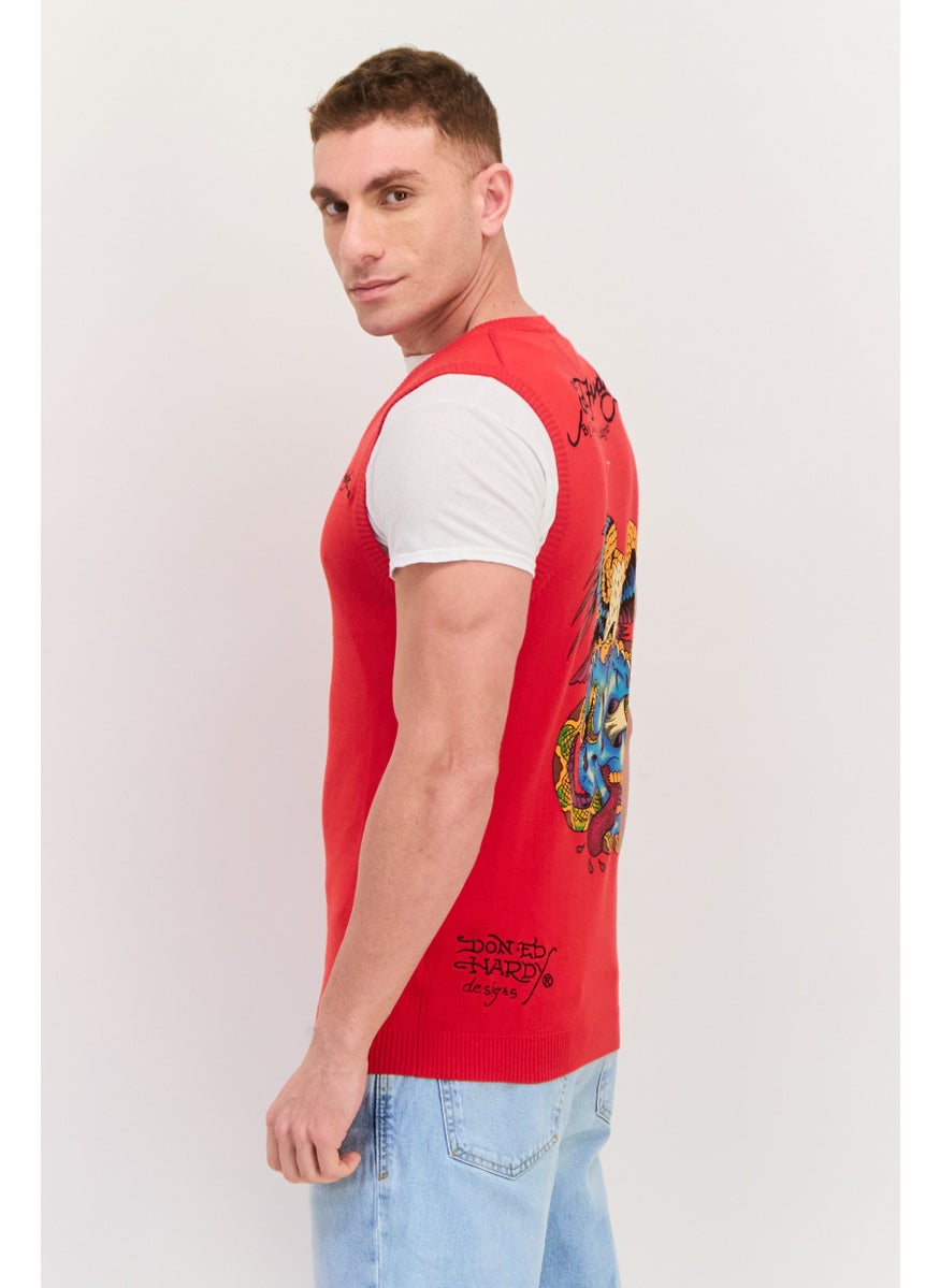 Men V-Neck Graphic Print Sleeveless Sweater Vest, Red Combo - pzsku/ZC180E2B290D1A0EC97F3Z/45/_/1737642052/ad0ad8d9-7ce4-467a-81f7-9c4f42bebe92