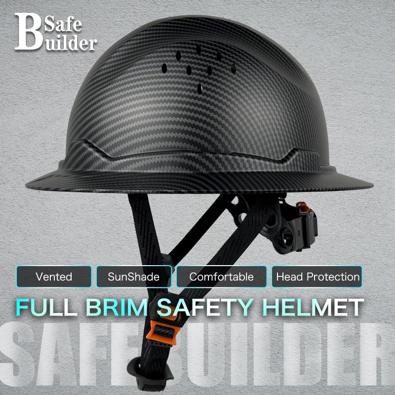 SAFEBUILDER Full Brim Carbon Fiber Pattern Hard Hat, Adjustable and Comfortable hardhats ANSI Ratchet Durable Hardhat Construction & Industrial (Matte Black Hat) - Image 2