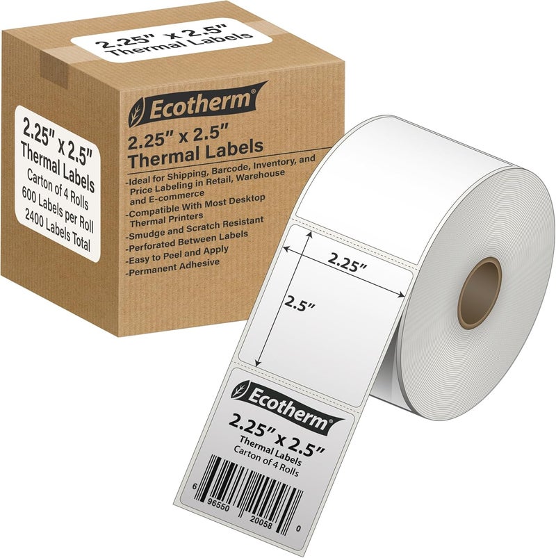 Ecotherm 2.25" x 2.5" Thermal Labels | 4 Rolls | 2400 Labels | fits Zebra, Munbyn, Rollo, Godex, Arkscan, iDPRT, Offnova Thermal Label Printers and More | Blank White Adhesive Stickers by - Image 1