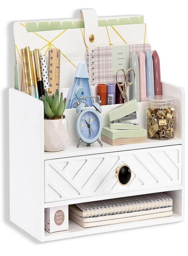 dreampossible white Wood Desk Organizer and Accessories with Drawer, Bill Mail Organizer and File Mail Holder for Office Supplies, Desk Accessories & Workspace Organizers for Desk Organization - Image 1