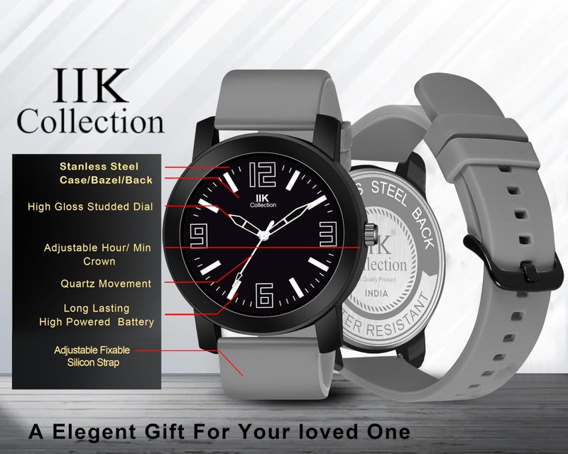 IIK COLLECTION Silicone Watches For Men Round Numerical Dial Analogue Men Watch|Long Battery Life With Long Lasting Polish/Adjustable Flexible Silicon Strap|Watches For Boys,Band_Grey,Dial_Multicolor - Image 5