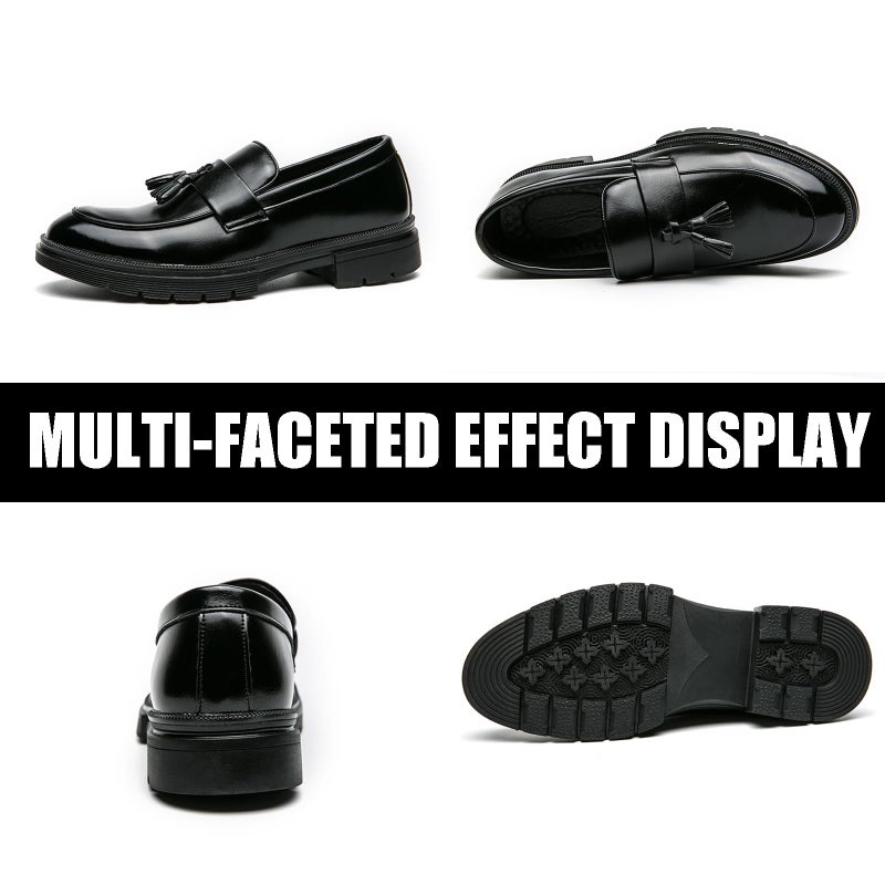 QOOEL Men's Fashion Tassel Platform Loafers Comfortable Wide Round Toe Slip on Lug Sole Low Block Heel Business Dress Shoes Non-Slip Work Office Casual Shoes (Black,11) - Image 2