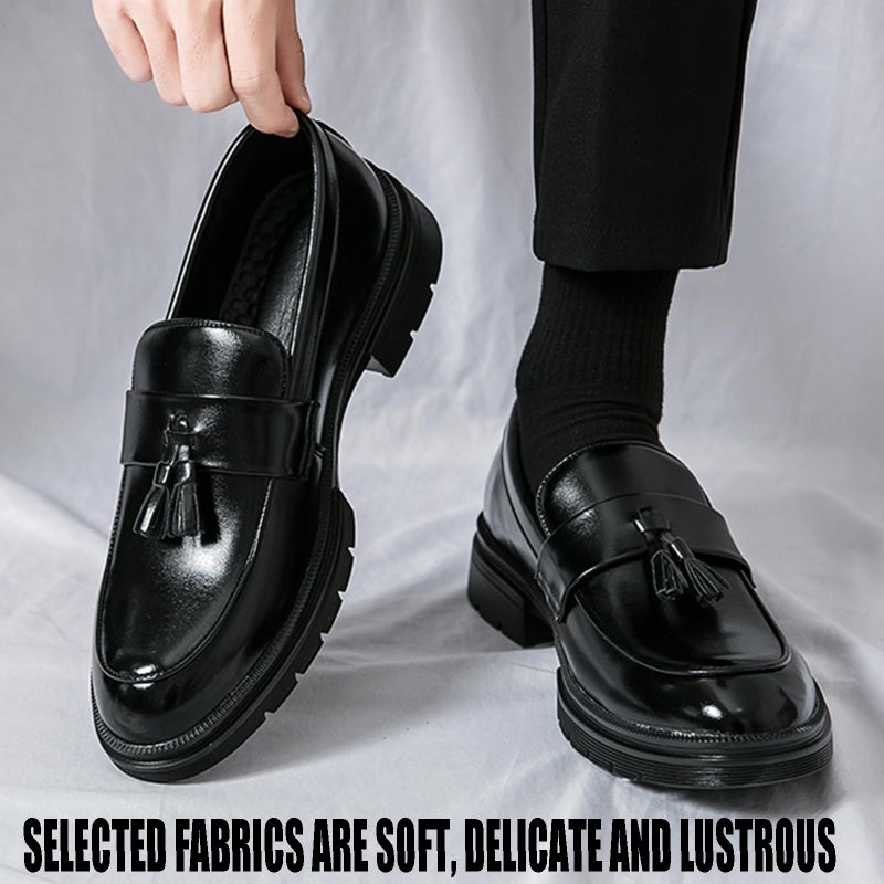 QOOEL Men's Fashion Tassel Platform Loafers Comfortable Wide Round Toe Slip on Lug Sole Low Block Heel Business Dress Shoes Non-Slip Work Office Casual Shoes (Black,11) - Image 1