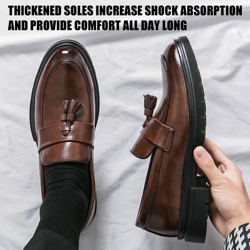QOOEL Men's Fashion Tassel Platform Loafers Comfortable Wide Round Toe Slip on Lug Sole Low Block Heel Business Dress Shoes Non-Slip Work Office Casual Shoes (Black,11) - Image 4
