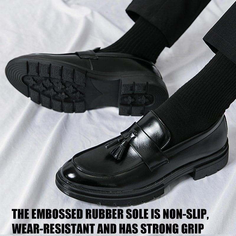 QOOEL Men's Fashion Tassel Platform Loafers Comfortable Wide Round Toe Slip on Lug Sole Low Block Heel Business Dress Shoes Non-Slip Work Office Casual Shoes (Black,11) - Image 3