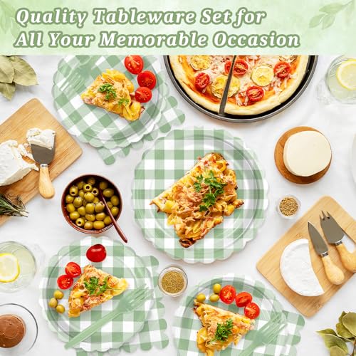 Mulbozy 75 Sage Green Gingham Plates and Napkins Disposable Set Includes Dessert Cake Scalloped Plates, Cocktail Napkins, Forks for for Holiday Party Supplies - Image 3