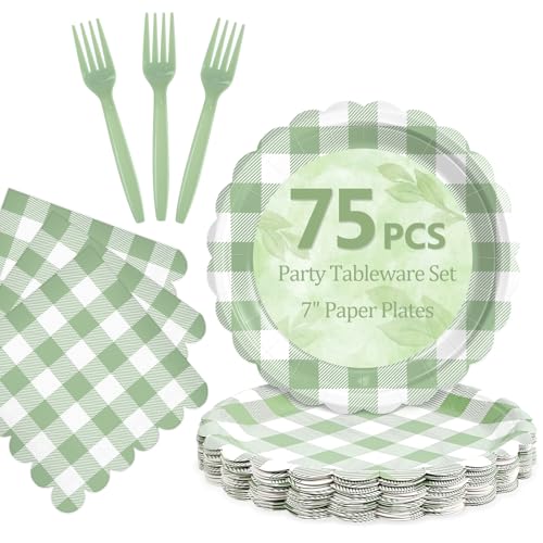 Mulbozy 75 Sage Green Gingham Plates and Napkins Disposable Set Includes Dessert Cake Scalloped Plates, Cocktail Napkins, Forks for for Holiday Party Supplies - Image 1