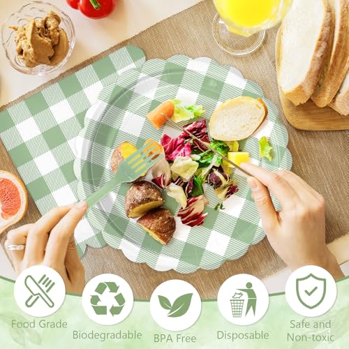 Mulbozy 75 Sage Green Gingham Plates and Napkins Disposable Set Includes Dessert Cake Scalloped Plates, Cocktail Napkins, Forks for for Holiday Party Supplies - Image 4