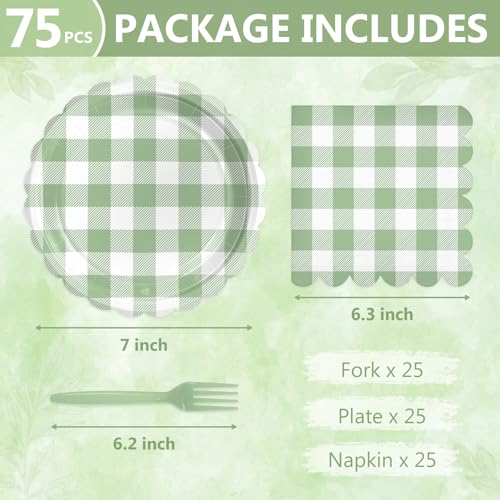 Mulbozy 75 Sage Green Gingham Plates and Napkins Disposable Set Includes Dessert Cake Scalloped Plates, Cocktail Napkins, Forks for for Holiday Party Supplies - Image 2