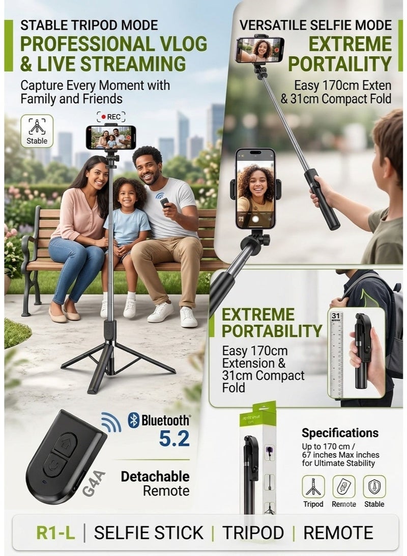Shopping Point Selfie Stick Tripod with Bluetooth Remote, 170cm Extendable Mobile Phone Holder Stand for iPhone & Android - Black - Image 4