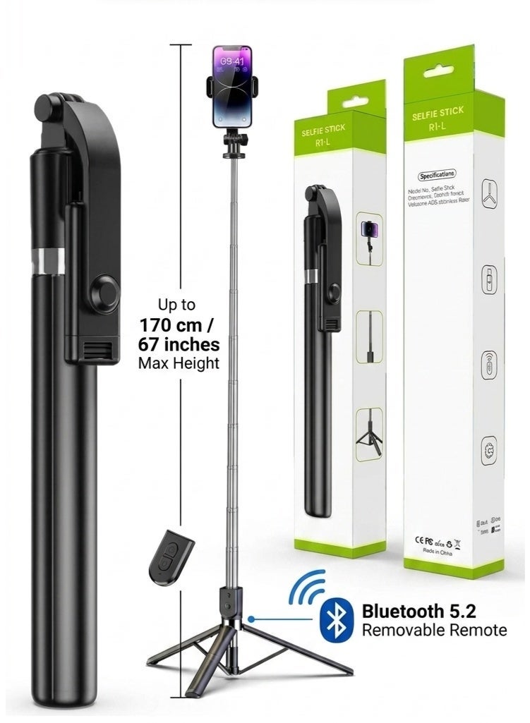 Shopping Point Selfie Stick Tripod with Bluetooth Remote, 170cm Extendable Mobile Phone Holder Stand for iPhone & Android - Black - Image 1
