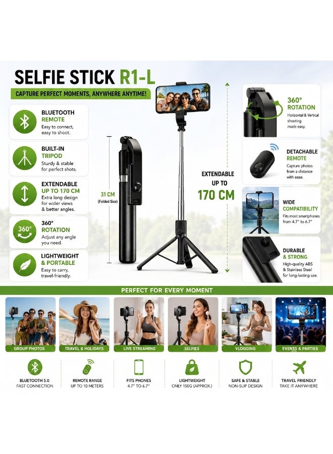Shopping Point Selfie Stick Tripod with Bluetooth Remote, 170cm Extendable Mobile Phone Holder Stand for iPhone & Android - Black - Image 2