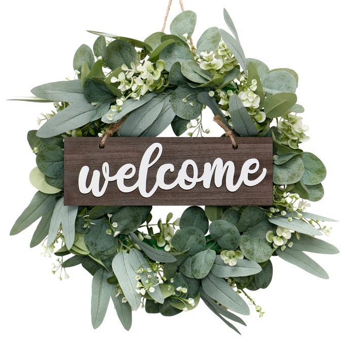 EUCALYPTUS LEAVES WREATH FOR FRONT DOOR18INCHES FARMHOUSE WREATH WITH WELCOME SIGN FESTIVAL ORNAMENTS HOME DECOR SPRING SUMMER DECORATING FOR HOME WINDOW OUTDOOR USE