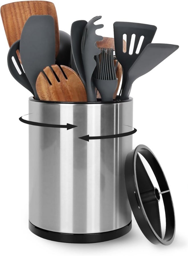 Extra Large Kitchen Utensil Holder - 360° Rotating Stainless Steel Cooking Utensil Holder for Countertop, 3 Compartment Flatware Organizer & Utensil Caddy with Removable Base（Silvery） - Image 1