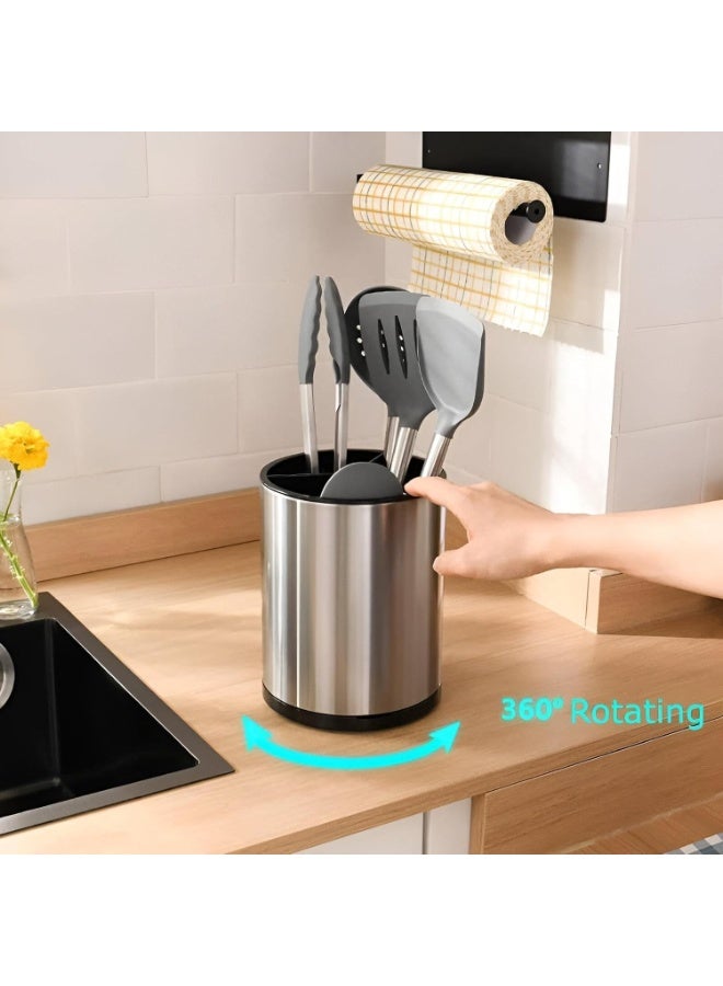 Extra Large Kitchen Utensil Holder - 360° Rotating Stainless Steel Cooking Utensil Holder for Countertop, 3 Compartment Flatware Organizer & Utensil Caddy with Removable Base（Silvery） - Image 5