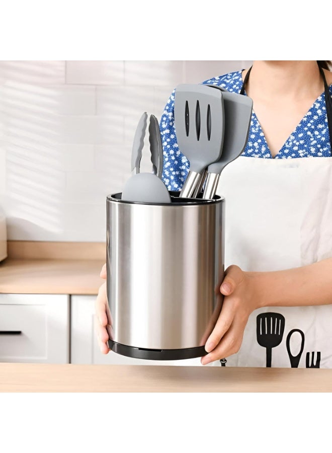 Extra Large Kitchen Utensil Holder - 360° Rotating Stainless Steel Cooking Utensil Holder for Countertop, 3 Compartment Flatware Organizer & Utensil Caddy with Removable Base（Silvery） - Image 3