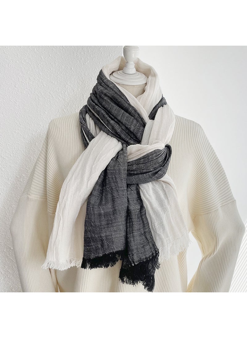 Generic - Cotton Linen Scarf Autumn Winter Unisex Black + White - Image 1