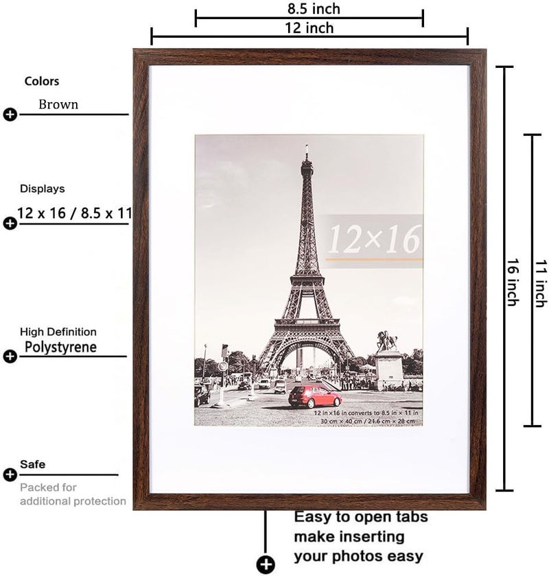 kennethan 12x16 Picture Frame Rustic Brown 3 Pcs in 1 set 12x16 Frame can Display 8.5x11 inch Picture with Mat or 12x16 inch Picture Without Mat on the Wall - Image 2