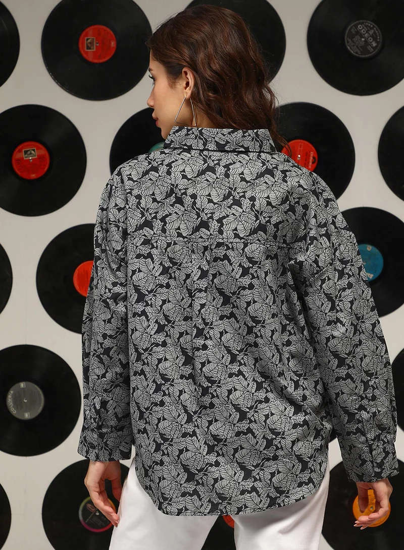 Campus Sutra Women's Moon Grey:Onyx Black Contrast Foliage Oversized Shirt