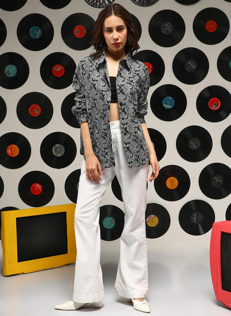 Campus Sutra Women's Moon Grey:Onyx Black Contrast Foliage Oversized Shirt