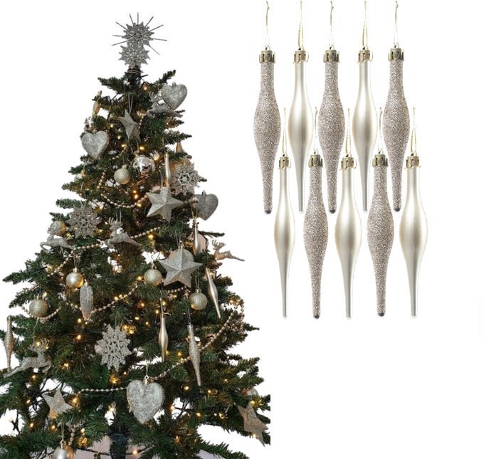 10 DROPLET BAUBLES GREAT CHRISTMAS TREE DECORATION MATTE GLITTER ICICLE BAUBLES CHAMPAGNE GOLD GLITTER MATTE