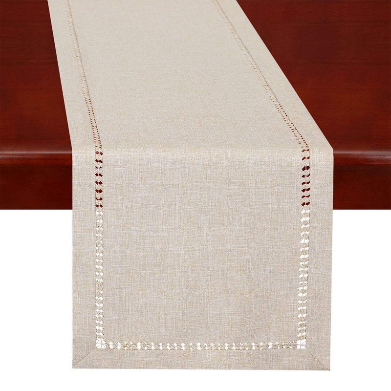 Grelucgo Handmade Hemstitched Polyester Rectangle Table Runners Dresser Scarves, Beige 14x36 inch - Image 5