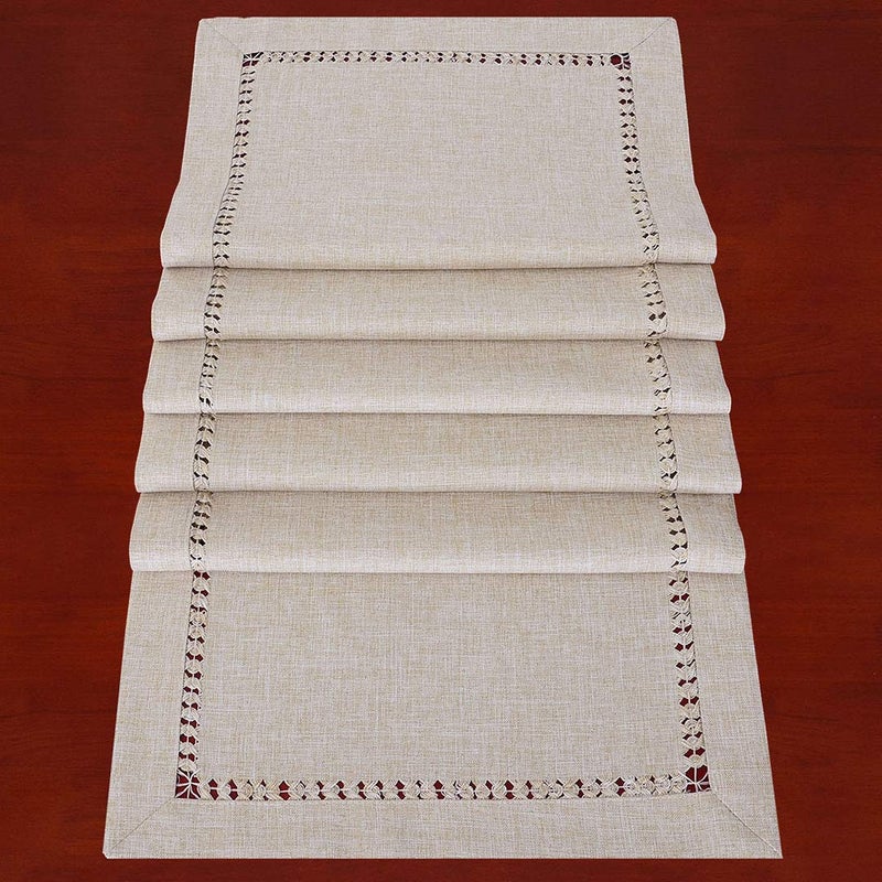 Grelucgo Handmade Hemstitched Polyester Rectangle Table Runners Dresser Scarves, Beige 14x36 inch - Image 2
