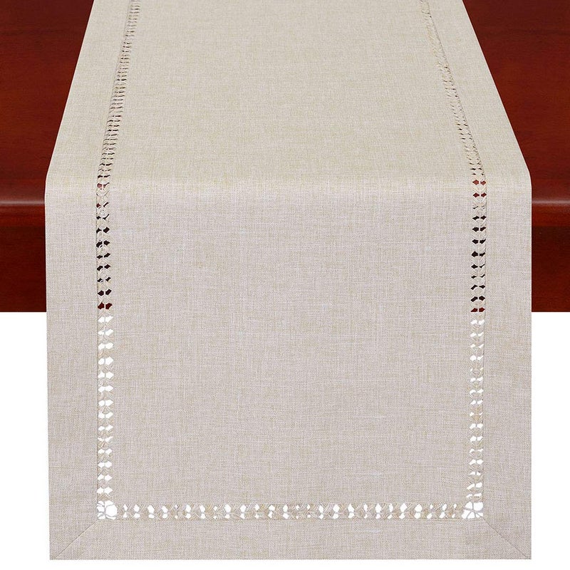 Grelucgo Handmade Hemstitched Polyester Rectangle Table Runners Dresser Scarves, Beige 14x36 inch - Image 1