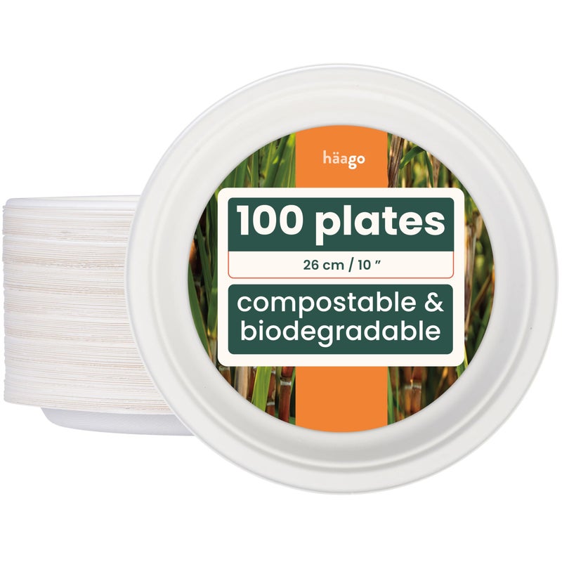 HAAGO 100 EcoFriendly Sugarcane Plates Biodegradable  Home Compostable  Like Paper Plates Disposable Dinner Plate for Hot Food  Cold Food  26cm