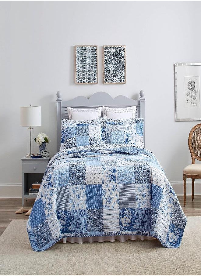 LAURA ASHLEY - Laura Ashley - Twin Quilt Set, Reversible Cotton Bedding with Matching Sham, Farmhouse Inspired Home Decor (Paisley Printed Patchwork Blue, Twin) - Image 1