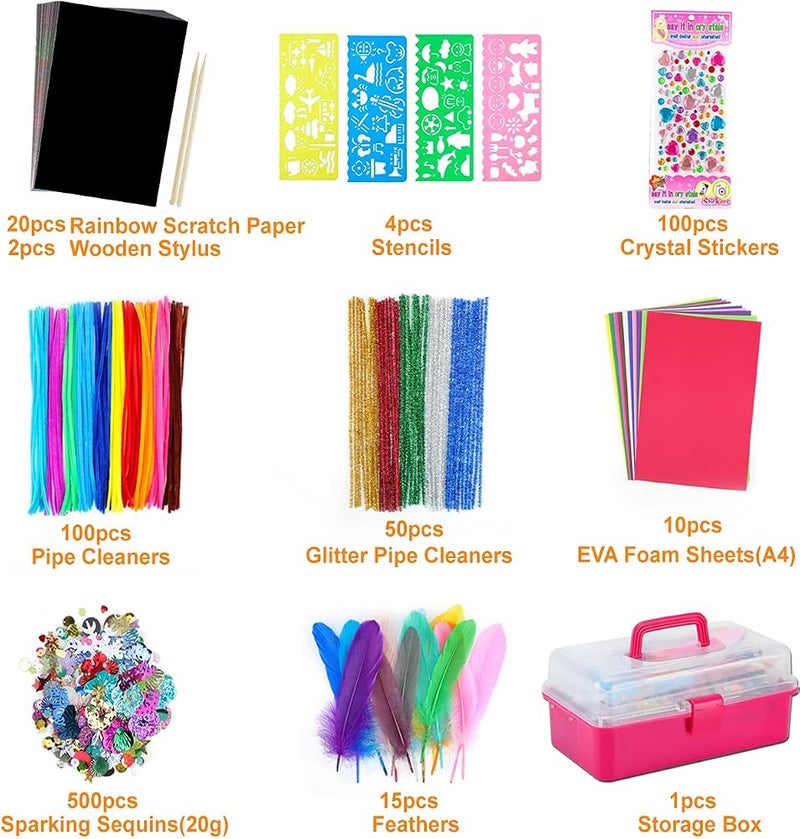 VOLINFO Arts and Crafts Supplies for Kids- 1600+ PCS DIY Craft Kits Including Pipe Cleaners, Folding Storage Box, Preschool Homeschool Craft Set Toys Gift for Boys and Girls(Pink) - Image 3