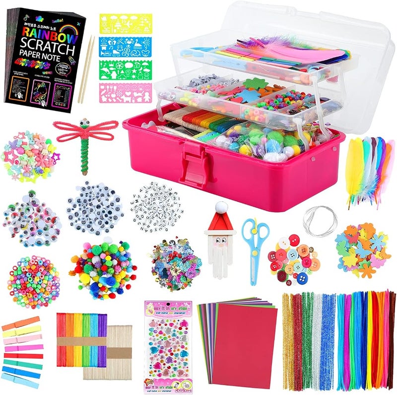 VOLINFO Arts and Crafts Supplies for Kids- 1600+ PCS DIY Craft Kits Including Pipe Cleaners, Folding Storage Box, Preschool Homeschool Craft Set Toys Gift for Boys and Girls(Pink) - Image 1