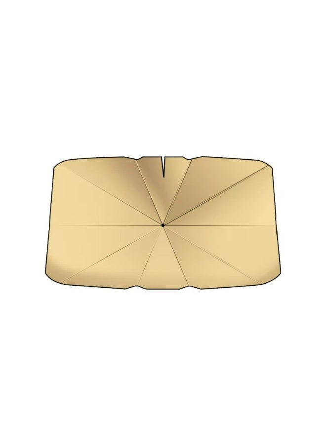 Golden folding car windscreen sunshade with storage pouch, featuring a foldable handle design. Effectively blocks sunlight, heat and UV rays to keep the interior cool. - Image 1