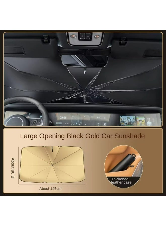 Golden folding car windscreen sunshade with storage pouch, featuring a foldable handle design. Effectively blocks sunlight, heat and UV rays to keep the interior cool. - Image 4