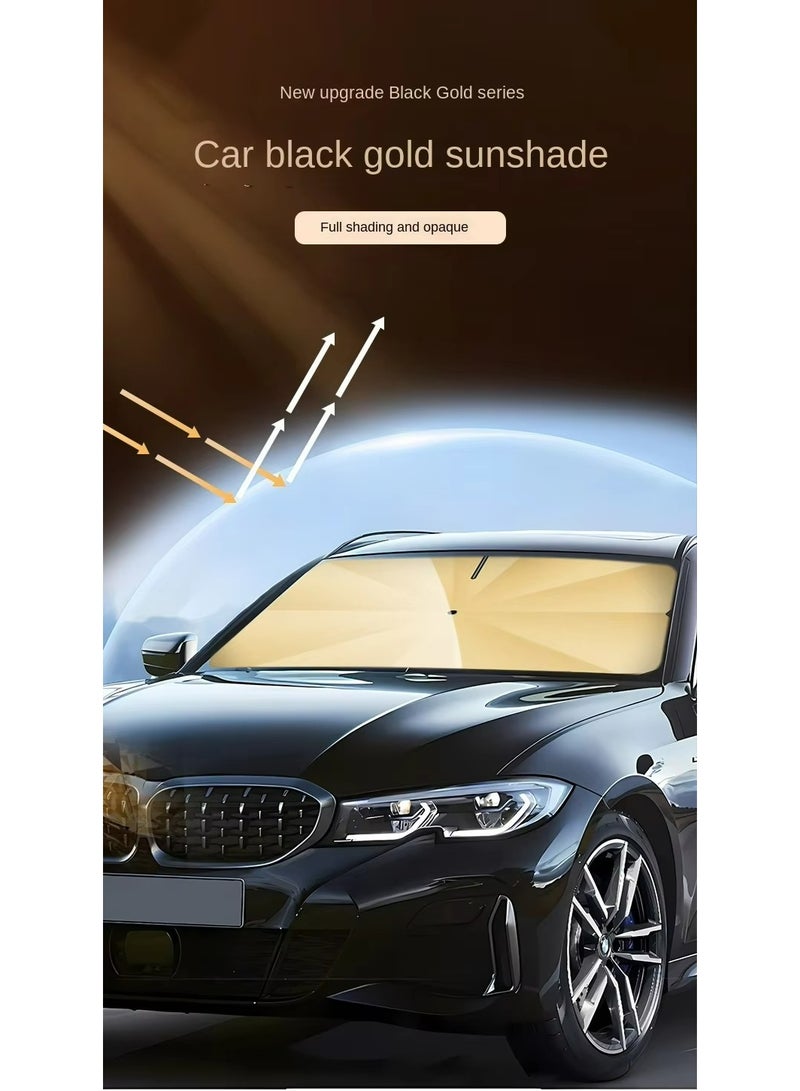 Golden folding car windscreen sunshade with storage pouch, featuring a foldable handle design. Effectively blocks sunlight, heat and UV rays to keep the interior cool. - Image 5