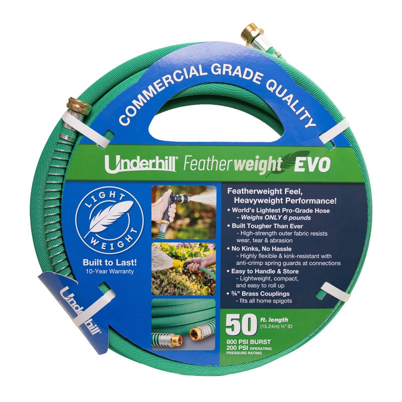 Underhill Professional Grade Featherweight EVO Fabric Water Hose Built for Longevity - Outdoor, Yard, Kink-Resistant, Flexible, Weighs 5 Pounds, 200 PSI Pressure, 800 PSI Burst Pressure, 50 ft Long, Green - Image 1