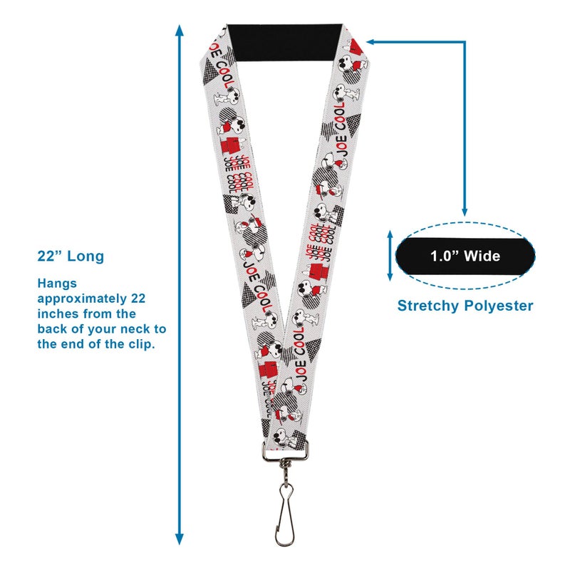 Buckle Down Buckle-Down Peanuts Lanyard, Peanuts Joe Cool Snoopy Poses and Text Gray Black Red White, Elastic - Image 3