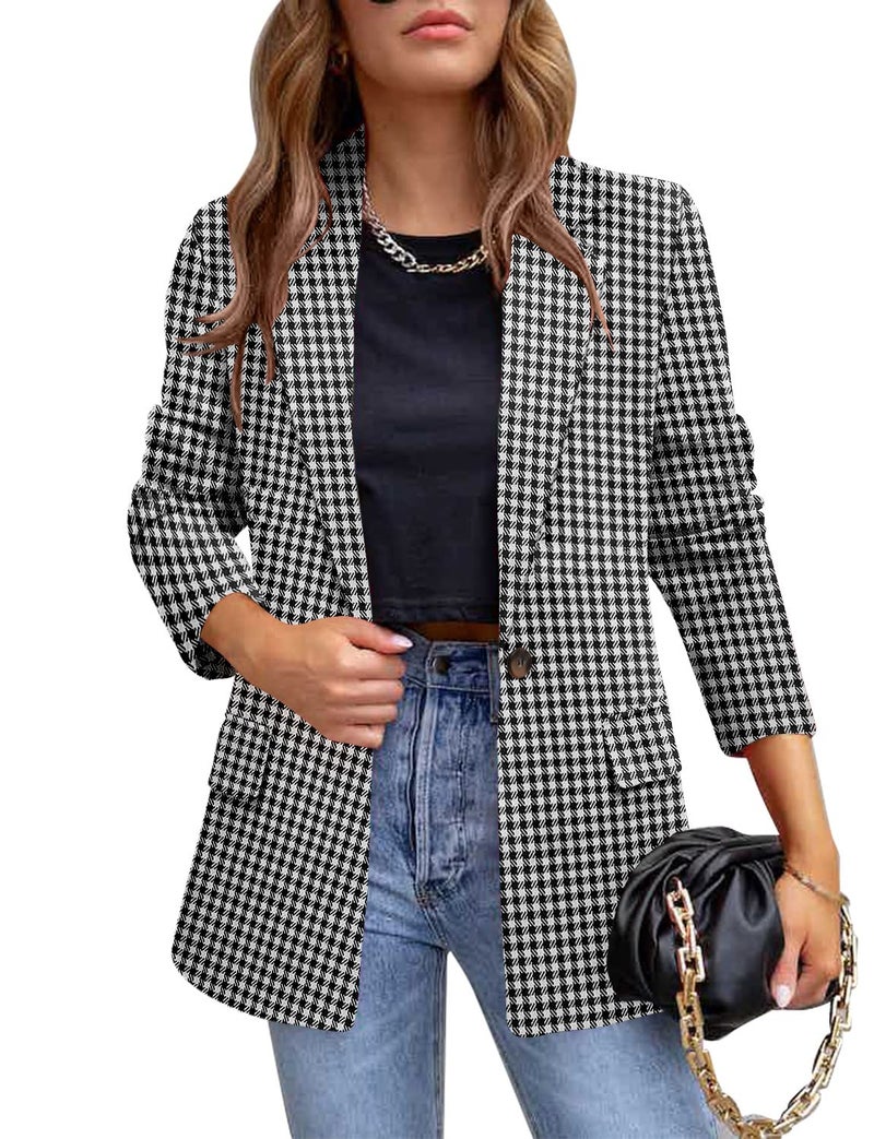 CRAZY GRID Womens Casual Blazer Long Sleeve Business Suit Jacket Open Front Button Work Office Blazer Jacket Fashion Dressy Ladies Blazer Black Chibi L - Image 1