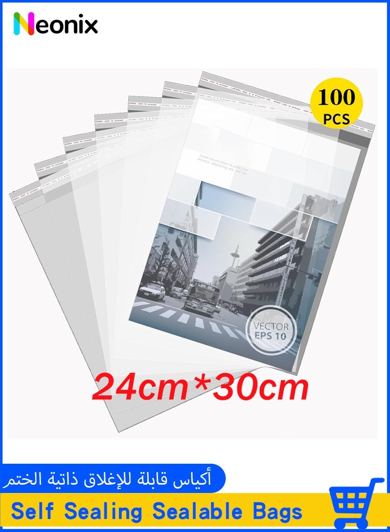 Neonix 100pcs 24x30 cm Clear Cellophane Bags, Resealable Self-Sealing Cello Shipping Bags for Clothes, Shirts, Pants, Foods - Image 1
