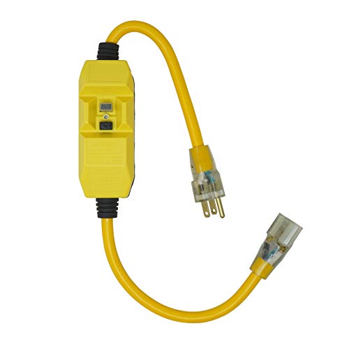 Woods Yellow Jacket Heavy Duty Extension Cord with In-Line GFCI, 2Ft, 12 Gauge, 3 Conductor, 15 AMP, Lighted End, 1 Outlet, SJTW, Yellow, 2817 - Image 3