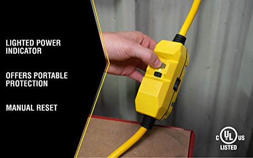 Woods Yellow Jacket Heavy Duty Extension Cord with In-Line GFCI, 2Ft, 12 Gauge, 3 Conductor, 15 AMP, Lighted End, 1 Outlet, SJTW, Yellow, 2817 - Image 5