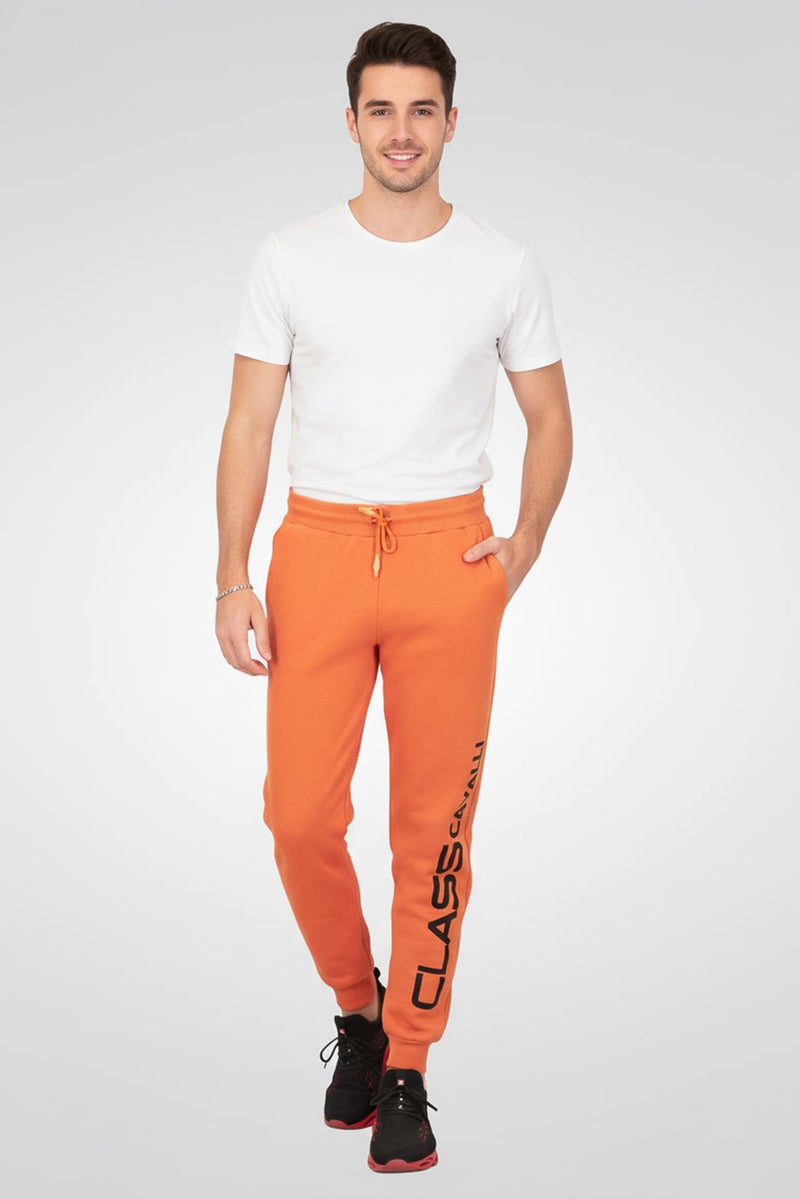 Cavalli Class Men Regular Fit Drawstring Brand Logo Pants, Pumpkin - Image 3