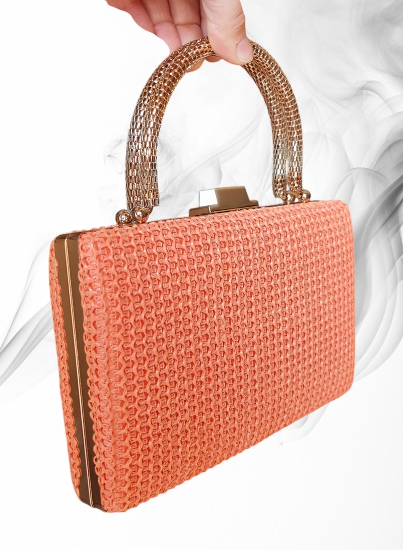 Elegant  orange Women's Evening Clutch - Medium Size, Luxurious Design for Special Occasions, Wear in Two Ways with Gold Chain & Handle, Perfect for Parties & Events - Image 4