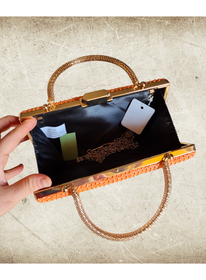 Elegant  orange Women's Evening Clutch - Medium Size, Luxurious Design for Special Occasions, Wear in Two Ways with Gold Chain & Handle, Perfect for Parties & Events - Image 3