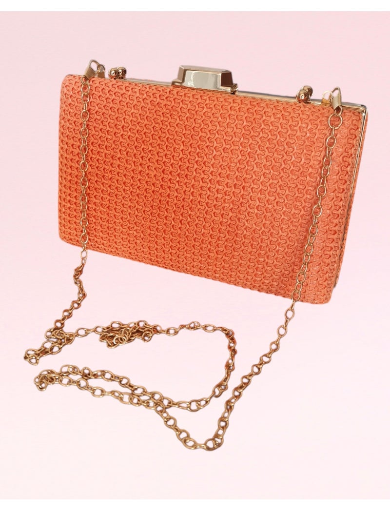 Elegant  orange Women's Evening Clutch - Medium Size, Luxurious Design for Special Occasions, Wear in Two Ways with Gold Chain & Handle, Perfect for Parties & Events - Image 1