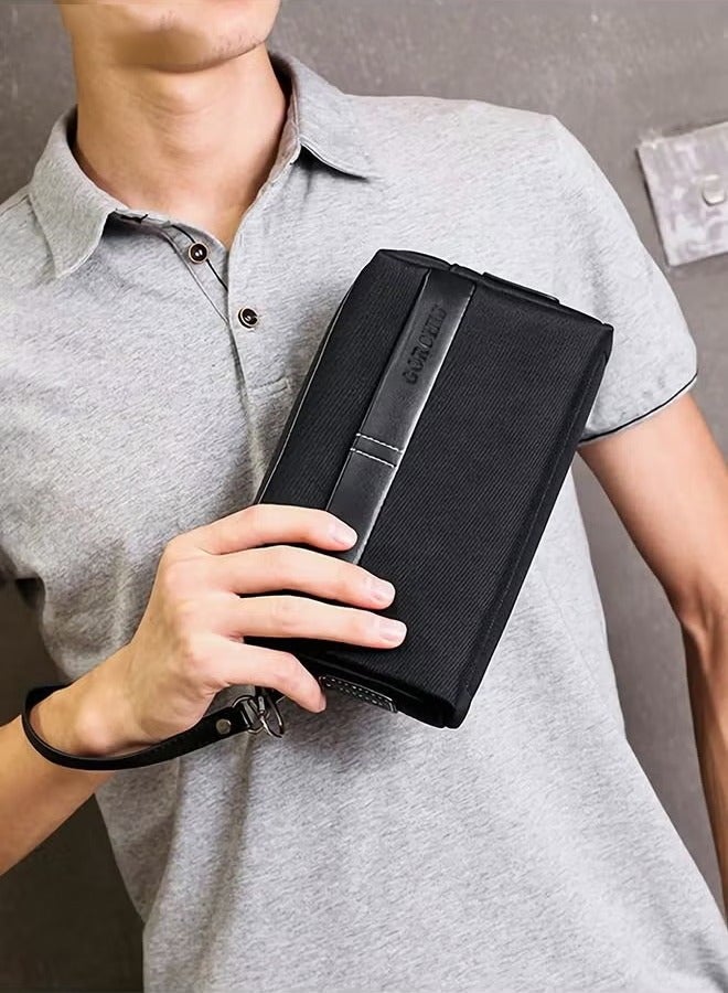 Canway Casual Classic Clutch Bag Portable Large Capacity Lightweight Wallet Business Waterproof Oxford Canvas Zipper Card Holder with Wrist Strap for Men Travel Black - Image 2