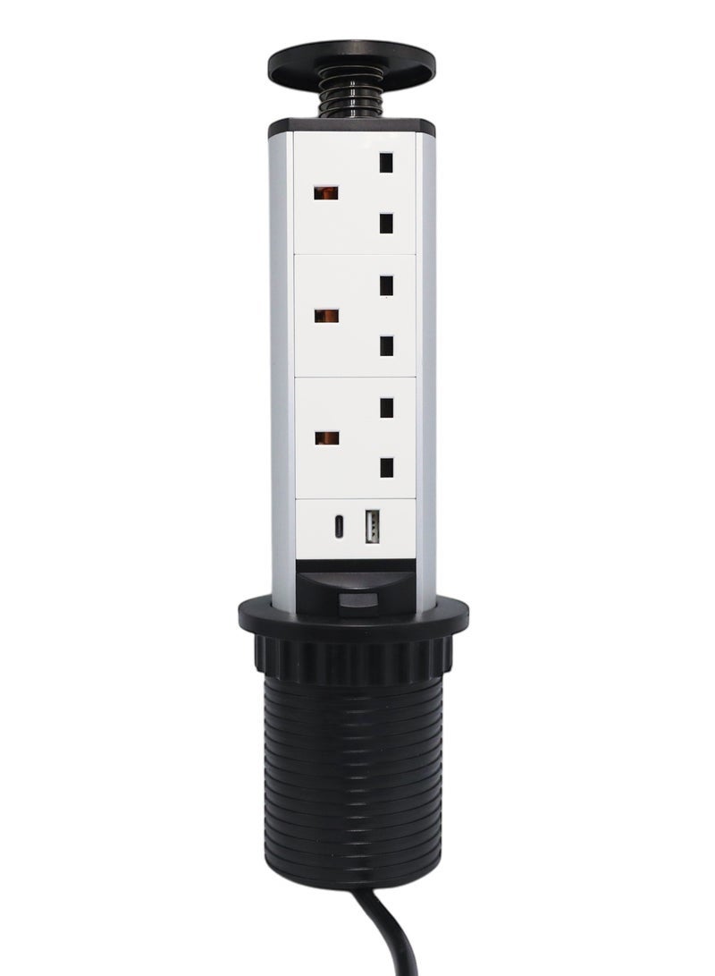 Table Pop Up Power Socket with 3 UK Outlets, USB Ports, and Type-C Fast Charging – Hidden Desk Power Socket for Office, Home, and Workstations. - Image 1