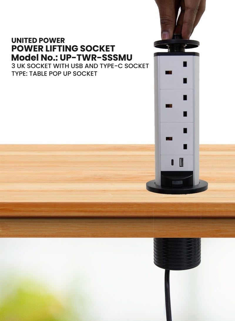 Table Pop Up Power Socket with 3 UK Outlets, USB Ports, and Type-C Fast Charging – Hidden Desk Power Socket for Office, Home, and Workstations. - Image 3